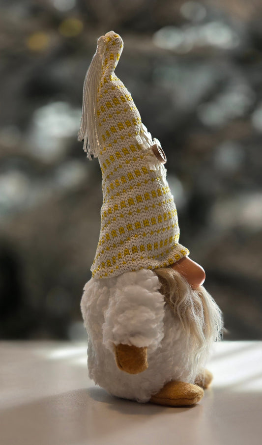 White Christmas Gnome with Yellow Striped Hat